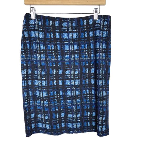 J Mclaughlin 6 Blue Plaid Print Knit Pencil Skirt Rayon Stretch Work Office - Picture 1 of 9